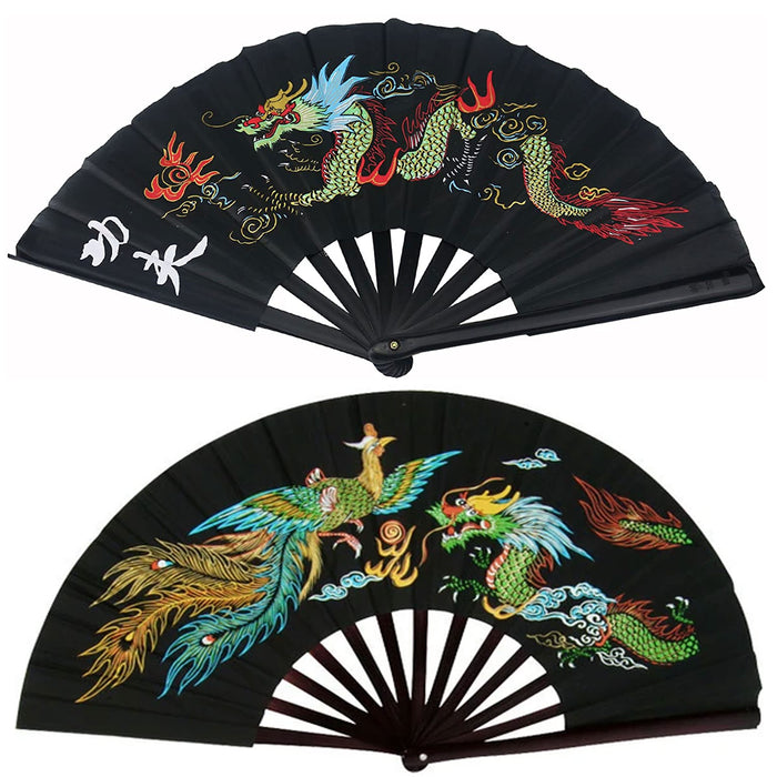 2 Large Folding Hand Held Fan Dance Kung Fu Fighting Thai Chi Nylon Party Gift