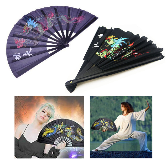 2 Large Folding Hand Held Fan Dance Kung Fu Fighting Thai Chi Nylon Party Gift