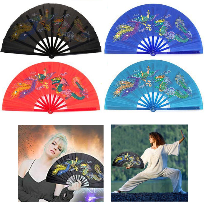 2 Large Folding Hand Held Fan Dance Kung Fu Fighting Thai Chi Nylon Party Gift