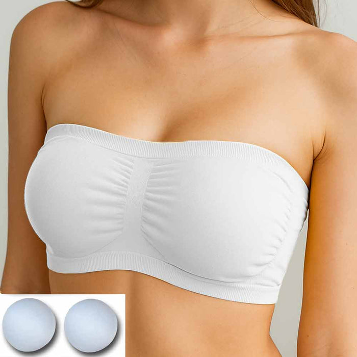 Women Padded Bandeau Sports Tube Top Bra Strapless Wireless Solid Seamless White