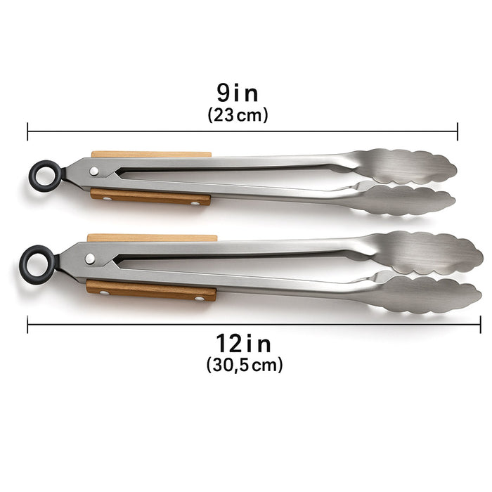 2 Tongs BBQ Cooking Solid Sturdy Stainless Wood Heavy Duty Kitchen Grill 9"-12"