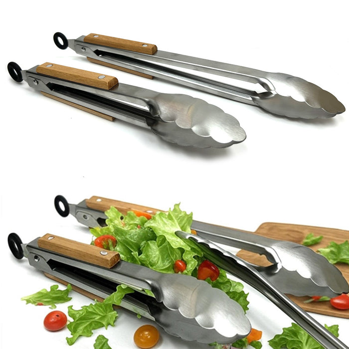 2 Tongs BBQ Cooking Solid Sturdy Stainless Wood Heavy Duty Kitchen Grill 9"-12"
