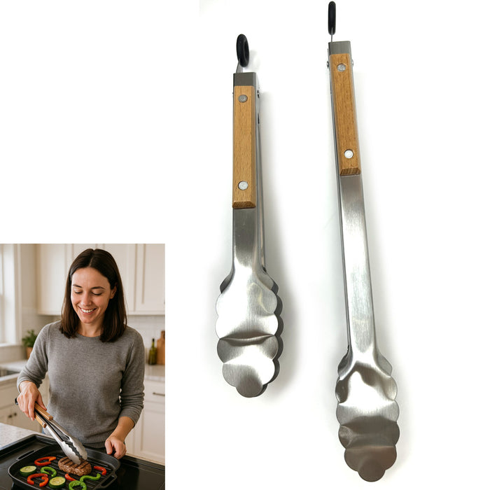 2 Tongs BBQ Cooking Solid Sturdy Stainless Wood Heavy Duty Kitchen Grill 9"-12"