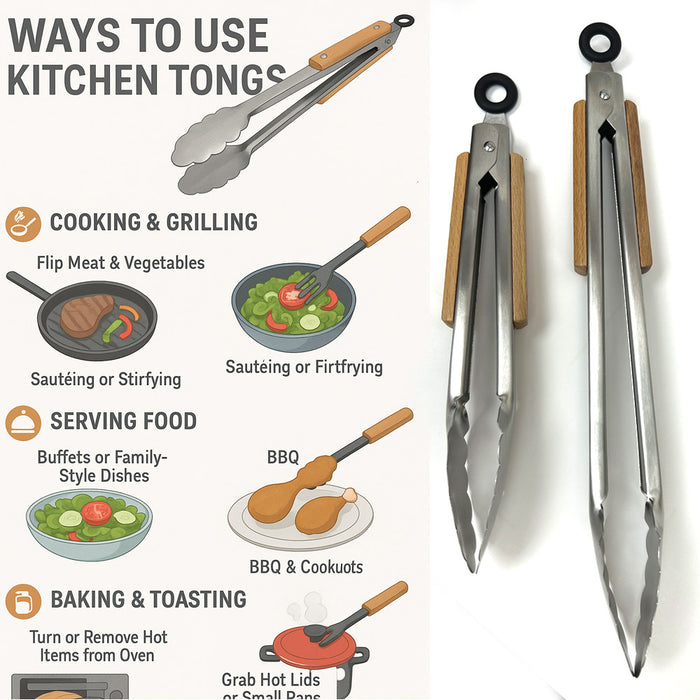 2 Tongs BBQ Cooking Solid Sturdy Stainless Wood Heavy Duty Kitchen Grill 9"-12"