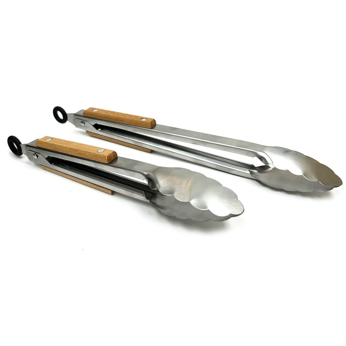 2 Tongs BBQ Cooking Solid Sturdy Stainless Wood Heavy Duty Kitchen Grill 9"-12"