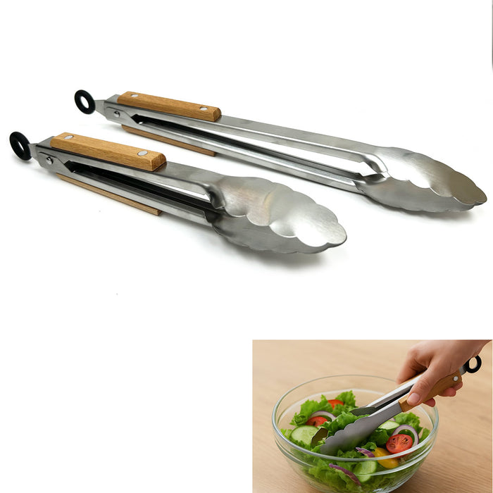 2 Tongs BBQ Cooking Solid Sturdy Stainless Wood Heavy Duty Kitchen Grill 9"-12"