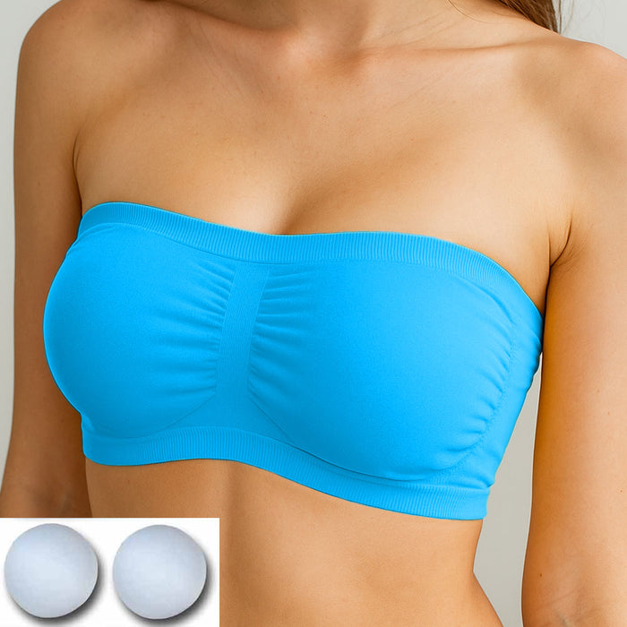 Women Padded Bandeau Sports Tube Top Bra Strapless Wireless Solid Seamless Blue