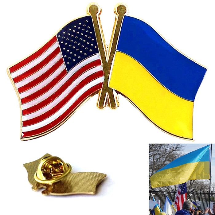6 X American US Ukraine Flag Crossed Friendship Lapel Pin Patriotic Enamel Badge