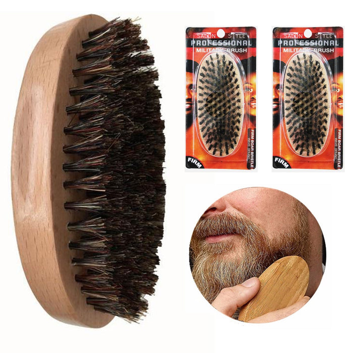 2 Pc Men Boar Hair Bristle Beard Mustache Firm Brush Palm Round Oval Wood Handle
