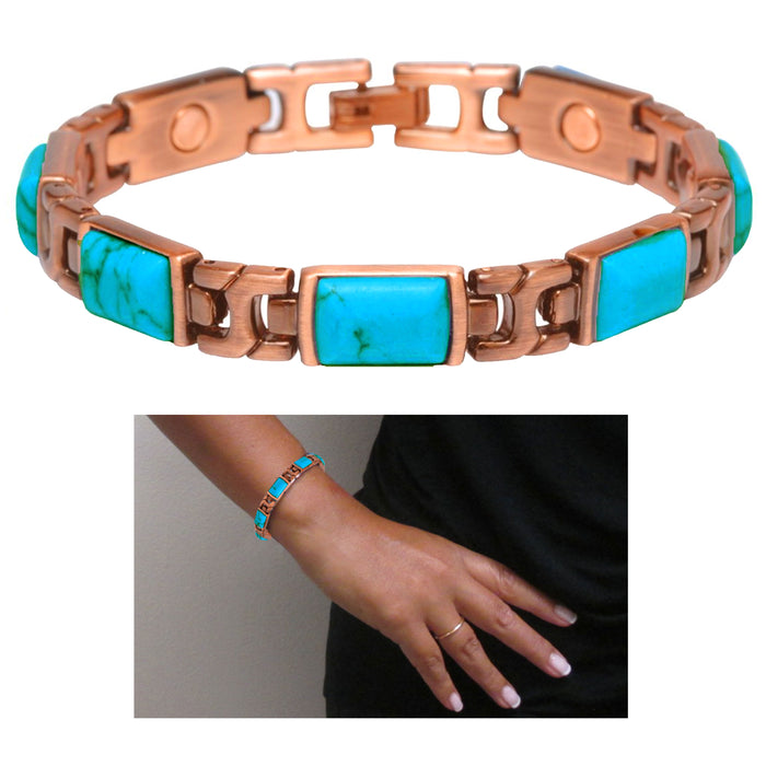 Turquoise Solid Copper Magnetic Therapy Link Bracelet Arthritis Pain Relief Gift