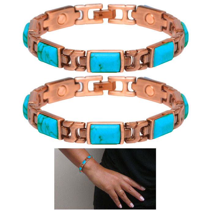 2Pc Magnetic Copper Link Bracelet Turquoise Gem Solid Pain Relief Arthritis Gift