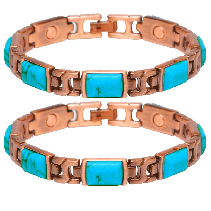 2Pc Magnetic Copper Link Bracelet Turquoise Gem Solid Pain Relief Arthritis Gift