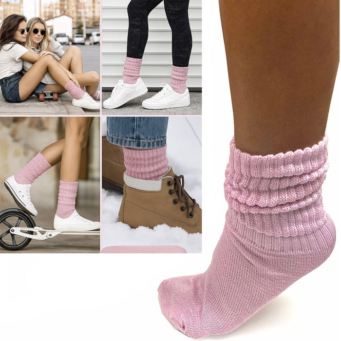 4 Pairs Girls Pink Slouch Socks Junior 6-8 Cotton Plush Knit Scrunch Warm Cozy