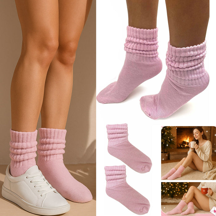 2 Pairs Pink Girls Soft Slouch Socks Plush Cotton Thick Knit Scrunch Junior 6-8