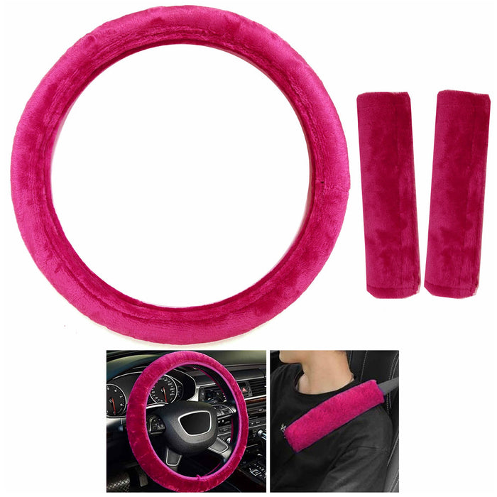 Pink Velvet Steering Wheel Cover Seatbelt Cushion Soft Universal 15 inch Plush