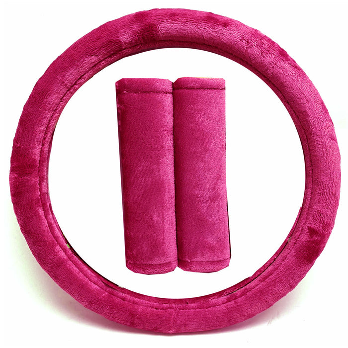 Pink Velvet Steering Wheel Cover Seatbelt Cushion Soft Universal 15 inch Plush