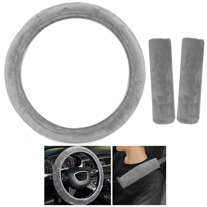 Grey Steering Wheel Cover Soft Velvet Seatbelt Cushion Plush Universal 15 inch