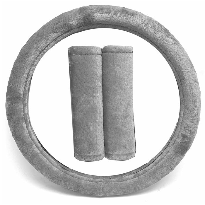 Grey Steering Wheel Cover Soft Velvet Seatbelt Cushion Plush Universal 15 inch