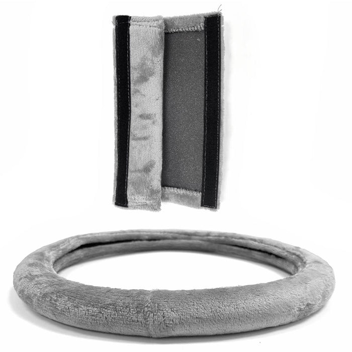 Grey Steering Wheel Cover Soft Velvet Seatbelt Cushion Plush Universal 15 inch