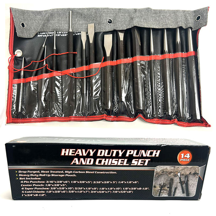 14 Pc Punch Chisel Set Taper Pin Center Punches Cold Chisels Kit Cloth Bag Pouch