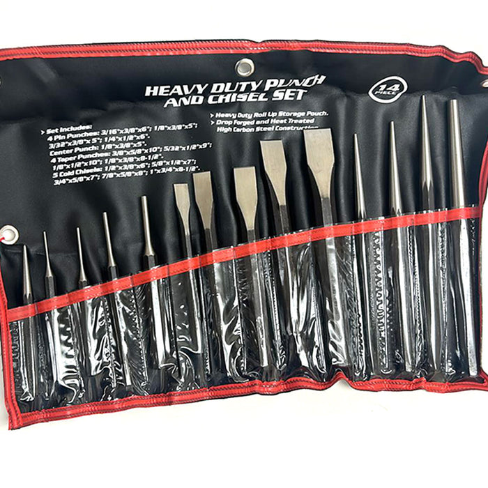 14 Pc Punch Chisel Set Taper Pin Center Punches Cold Chisels Kit Cloth Bag Pouch