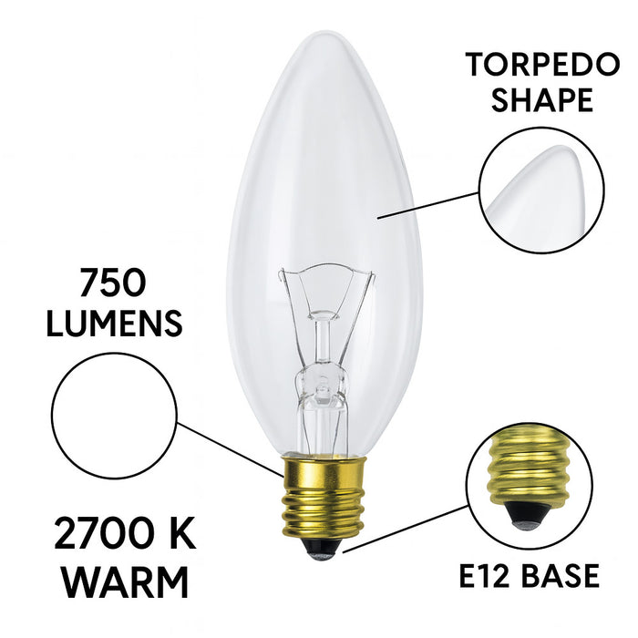 12 Night Light Bulbs Clear Candelabra Torpedo 120V Decor Chandelier 60 Watt E12
