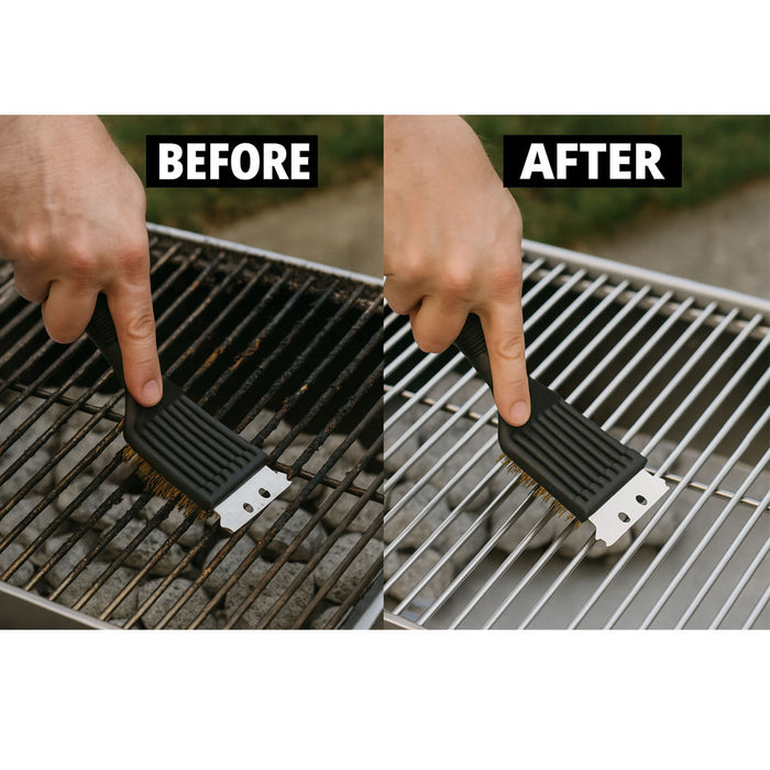 Barbeque BBQ Grill Brush Brass Bristles & Scraper Tool Long Handle Cooking New !