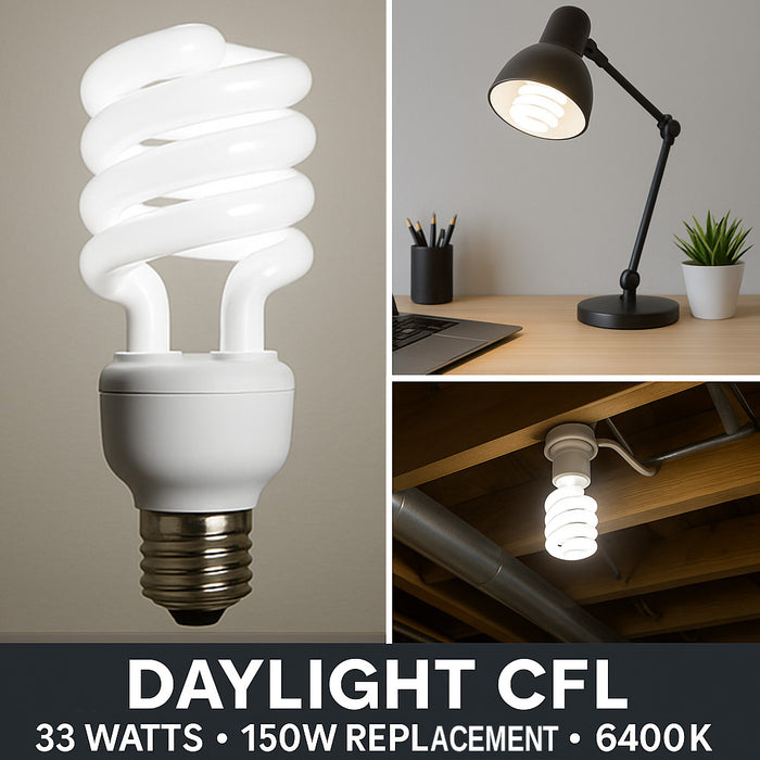 4 x Light Bulbs Daylight CFL Fluorescent Compact 33 Watts 150W Repl 6400K