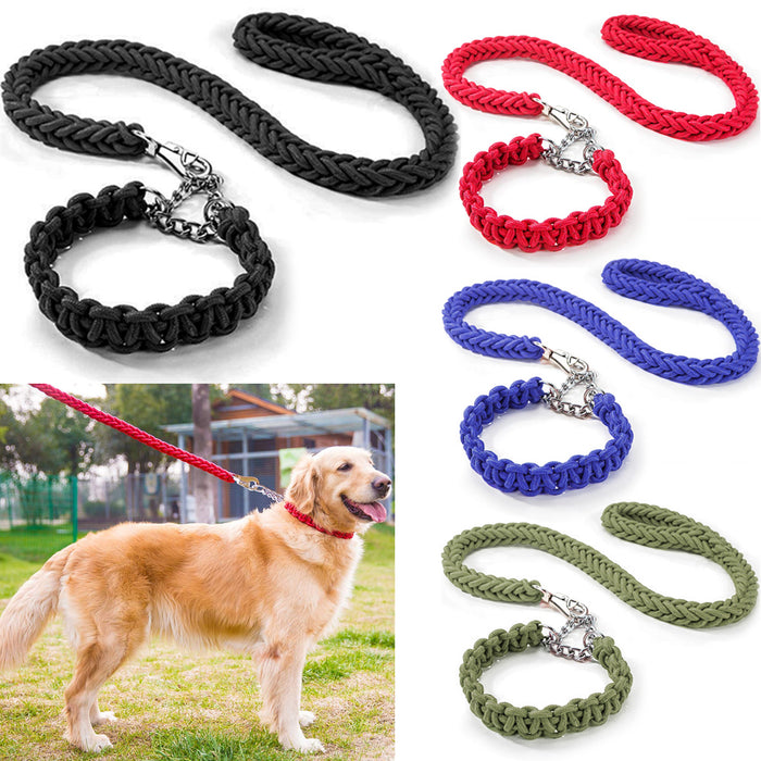 2PC Braided Leash Collar Set Heavy Duty Thick Dog Lead Rope Medium Large Breed