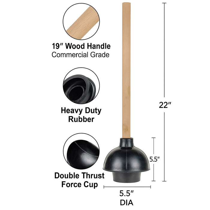 2 Heavy Duty Toilet Plunger 19" L Wooden Handle Double Layer Rubber Flange Pump