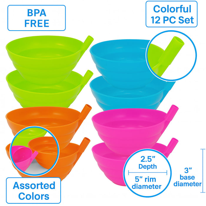 12 Pc Cereal Bowls With Straws Sip A Bowl Built In Straw Soup Drinking BPA Free