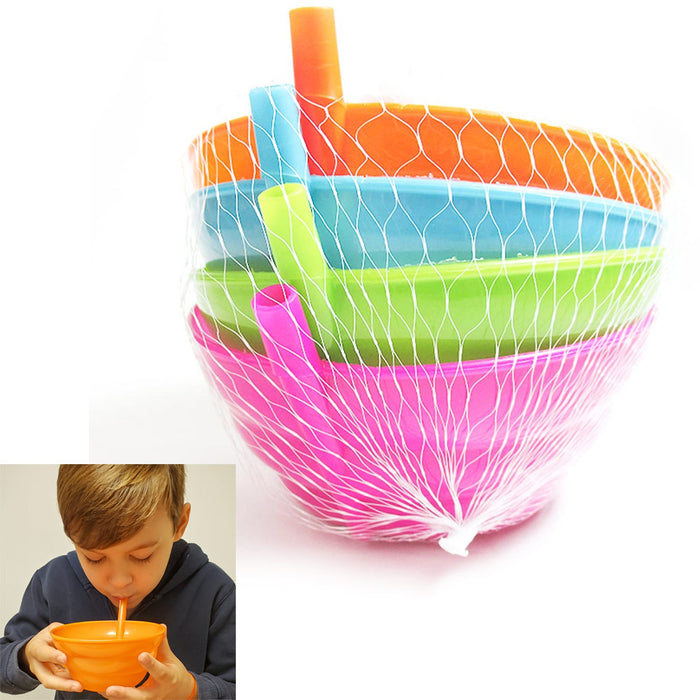 4 Cereal Bowls with Straws for Kids BPA Free Plastic Toddler Bowl Built-in Straw