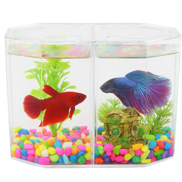 1 Dual Betta Hex Kit Tank Pet Aquatic Fishes Aquarium Habitat Office Home Decor