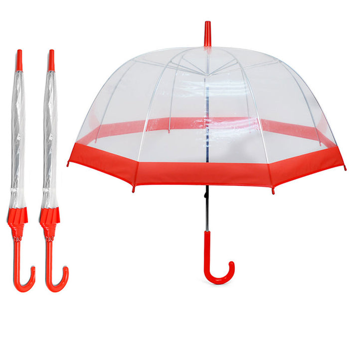 2 Pk Dome Umbrella Red Trim Transparent Clear See Through Bubble Parasol Shield
