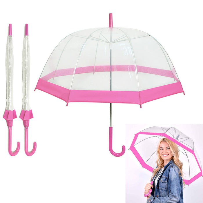 2 Pk Dome Bubble Umbrella Pink Trim Transparent Clear See Through Parasol Shield