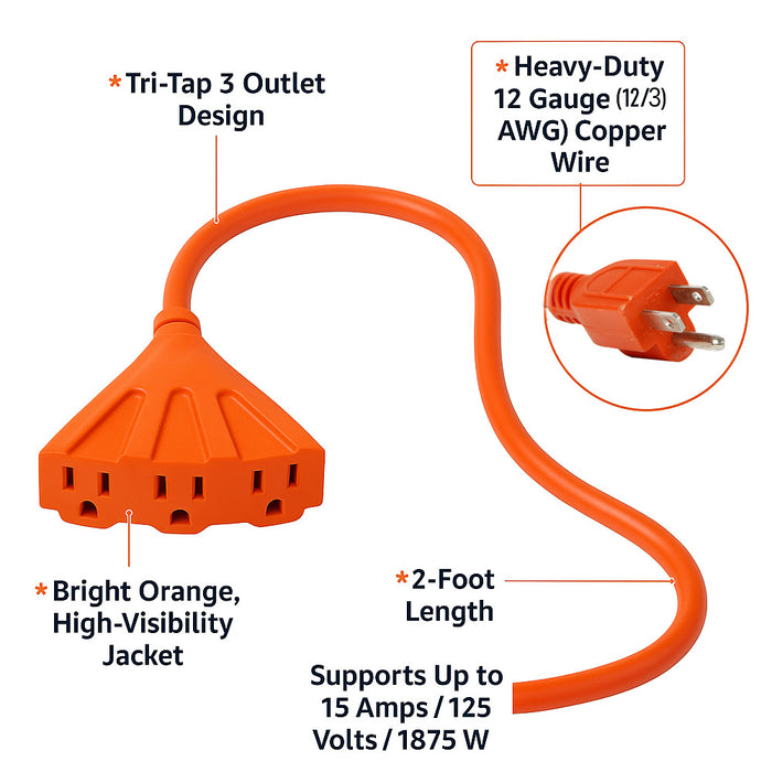Tri Trap 3 Way Extension Cord Cable 12 Gauge Extra Heavy Duty 3 Outlet 2FT