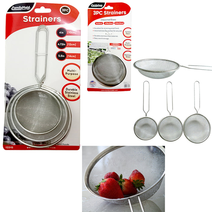 3 Mesh Strainers Fine Steel Colanders Sifters Sturdy Handle Strain Drain Tea