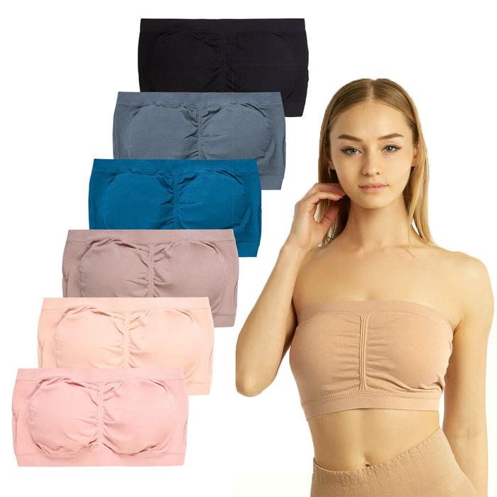 6 Pc Microfiber Bandeau Seamless Strapless Tube Top Bras Multi-Colors One Size