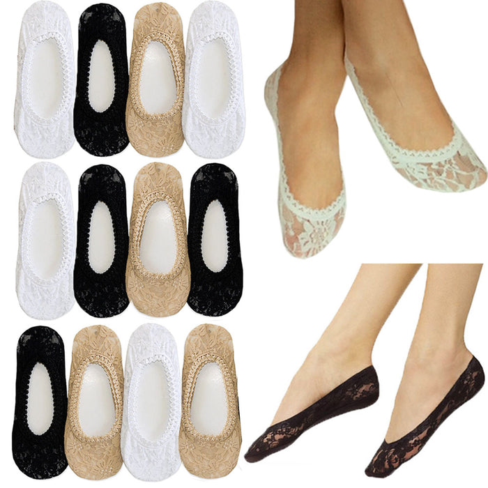 12 Pairs Women's Low Cut Lace Liner Boat Socks Footies Slip Cover Invisible 9-11