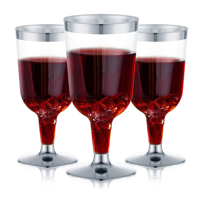 10 Disposable Wine Glasses Silver Rim Plastic Dinner Party Champagne Flute 5.5oz