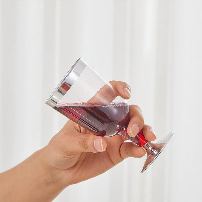 10 Disposable Wine Glasses Silver Rim Plastic Dinner Party Champagne Flute 5.5oz