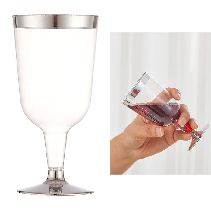 60 Silver Rimmed Disposable Wine Glasses Cup Champagne Flute Wedding Party 5.5oz