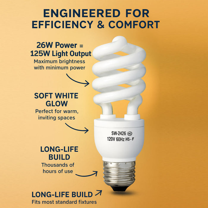 3 Pc Light Bulbs CFL Soft White 26W 125 Watt Fluorescent Energy Saving Lighting