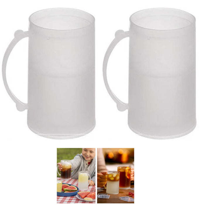 2 Double Wall Freezer Frosty Mugs 14oz Cold Beer Stein Chilled Frozen Drink Cup