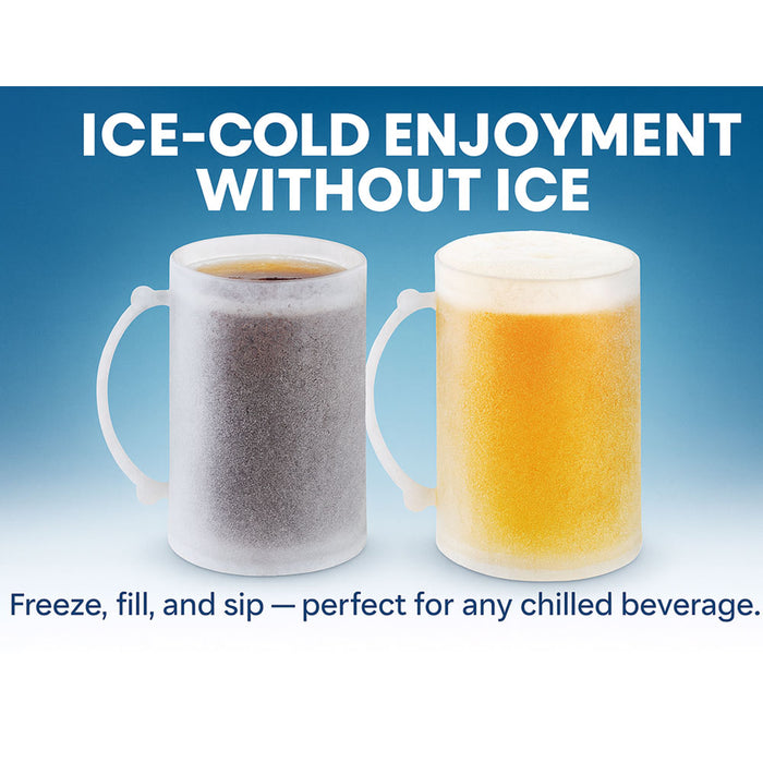 2 Double Wall Freezer Frosty Mugs 14oz Cold Beer Stein Chilled Frozen Drink Cup