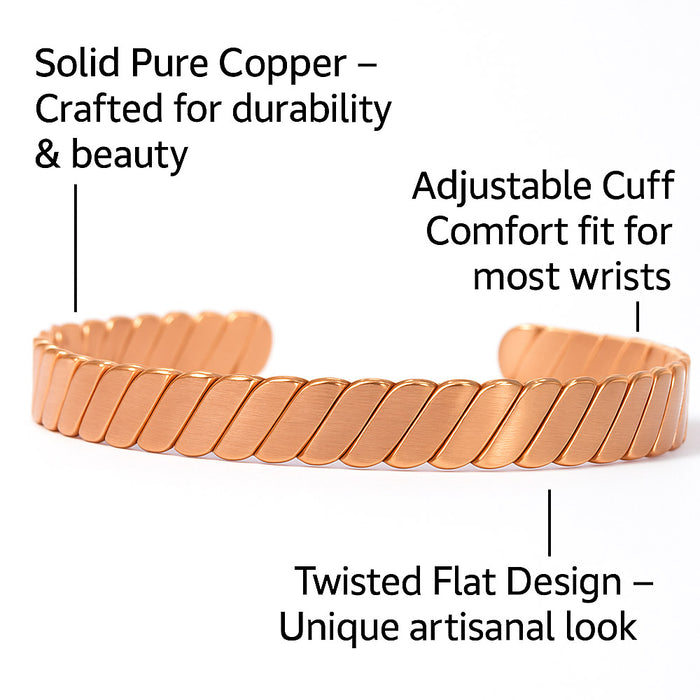 1 Pc Pure Copper Bracelet Twisted Flat Solid Cuff Bangle Arthritis Pain Relief