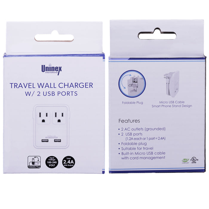 2 Pc Dual USB Port Travel Wall Charger Adapter 2 Outlet Folding Micro Cable Plug