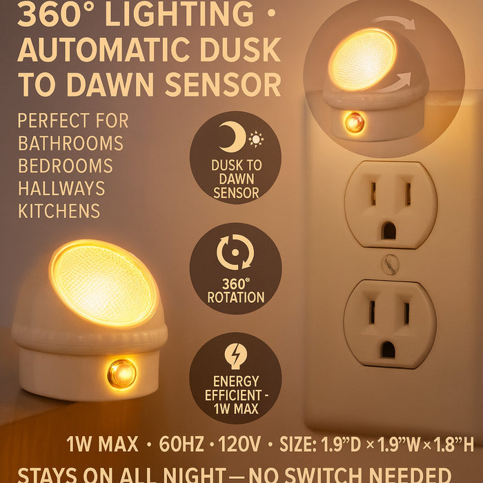 4 Pack Plug in LED Night Light Sensor Activated Dusk to Dawn Rotating Lamp