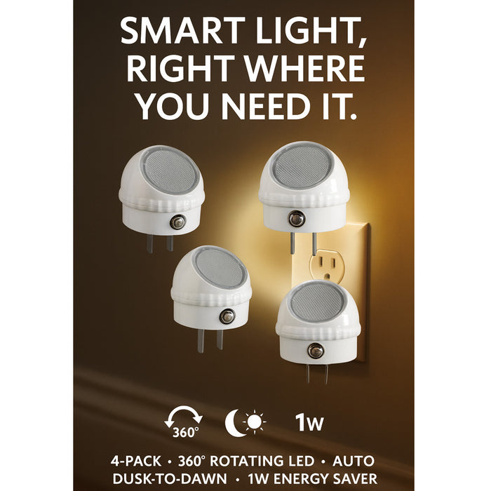 4 Pack Plug in LED Night Light Sensor Activated Dusk to Dawn Rotating Lamp