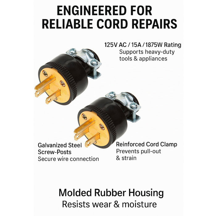 2 Pc 3-Prong Replacement Male Electrical Plug Heavy Duty Extension Cord Grounded